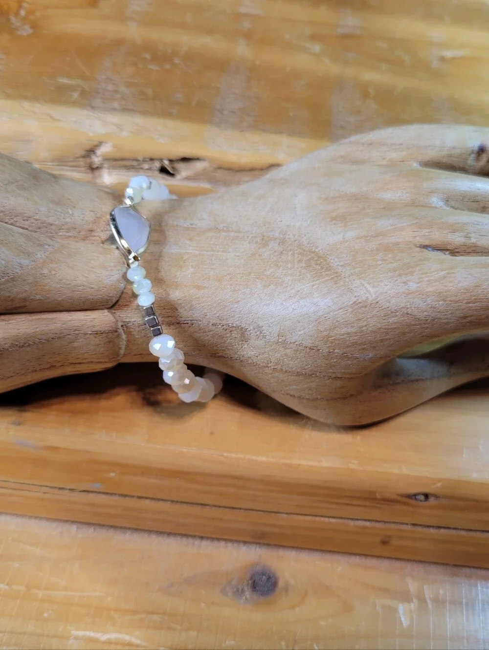 Handmade Peach & White Opal Glass Beaded Stretch Bracelet - One Size Fits Most